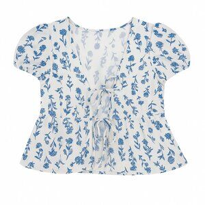 Women’s Floral Peplum Blouse Top Puff Sleeve Tie Front White Blue Print Size M